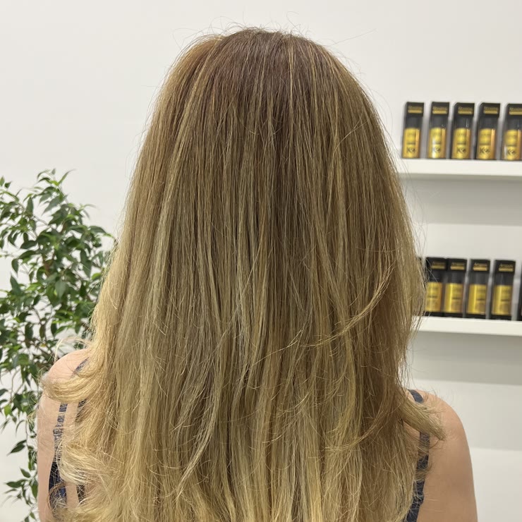 Mehak blond preliv na dolgih laseh, pogled od zadaj